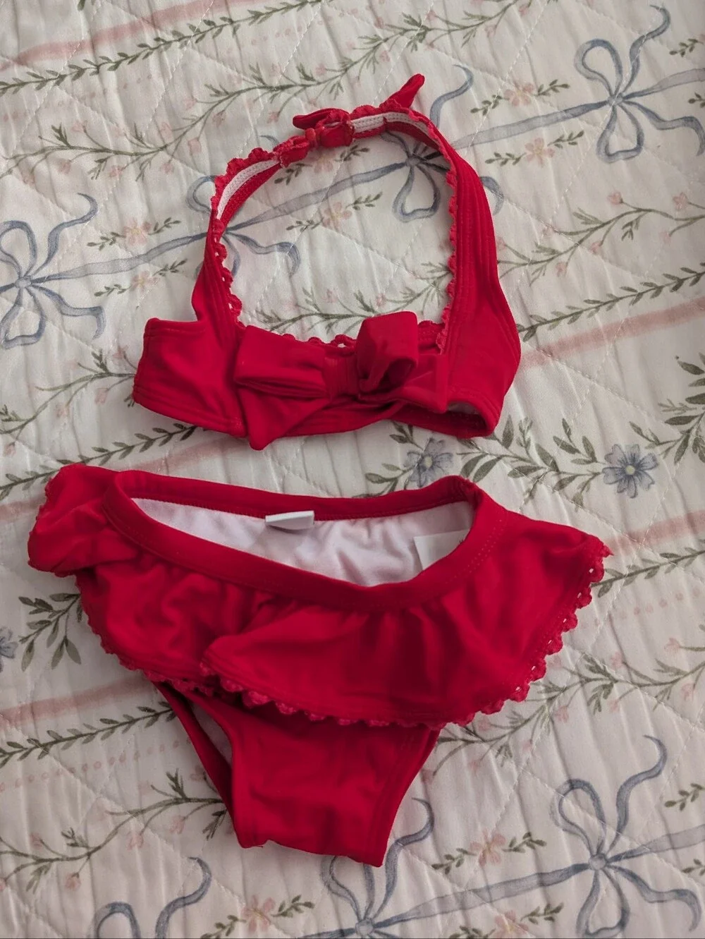 Girls' Red Ruffle Two-Piece Swim Set 3-6months And Sunhat